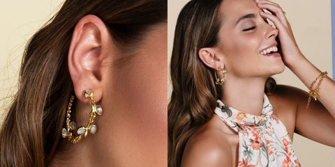 Gold hoop earrings with printed halter neck dress.