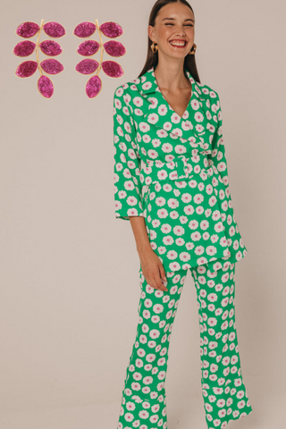 Set of green flower suit as spring day wedding look with fuchsia branch stones earrings