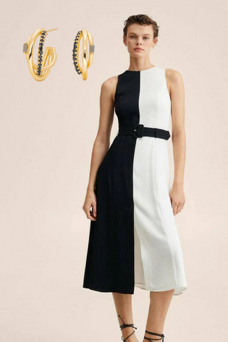 Black and white dress with gold jewelry