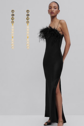 Black feather dress with long earrings