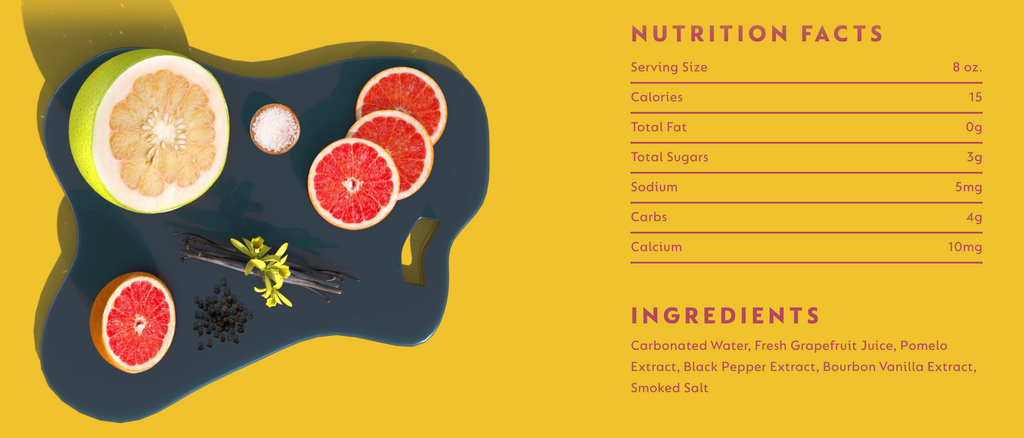 Image of  AVEC Grapefruit & Pomelo nutrition label next to chopping board of fruits