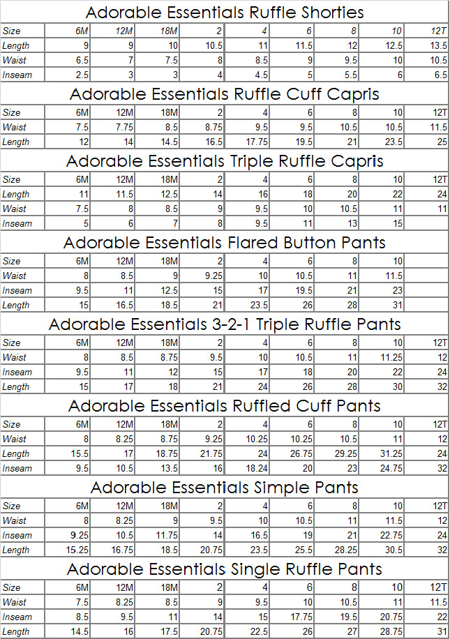 Essentials Size Chart