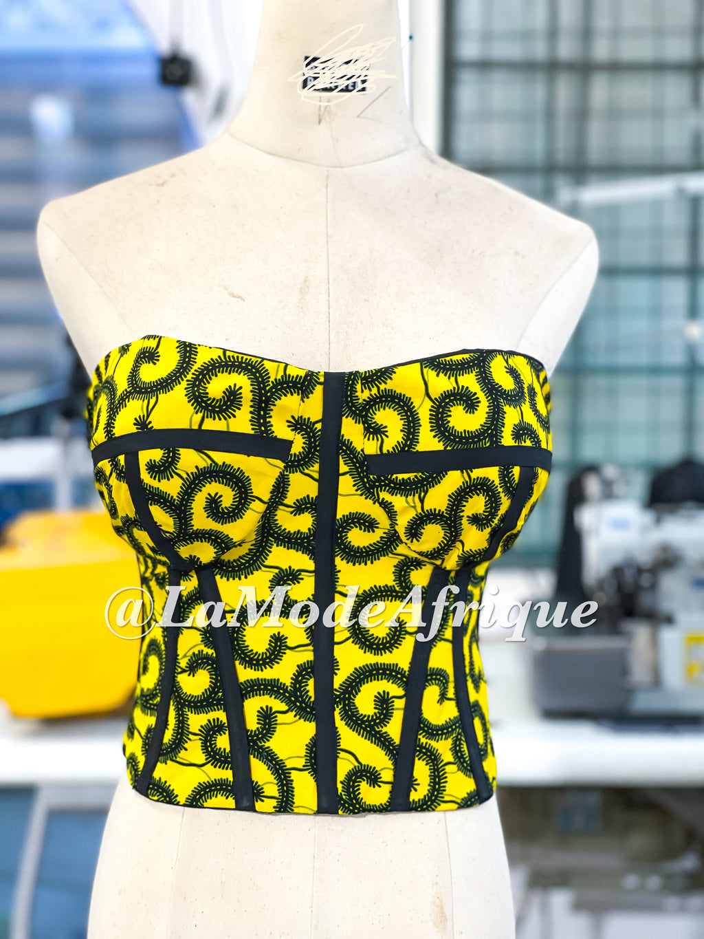 Kaia Bustier Top (Sleeveless Workout Sports Crop Top in Yellow, Blue and  Orange Stretchy African Ankara Kente Fabric)