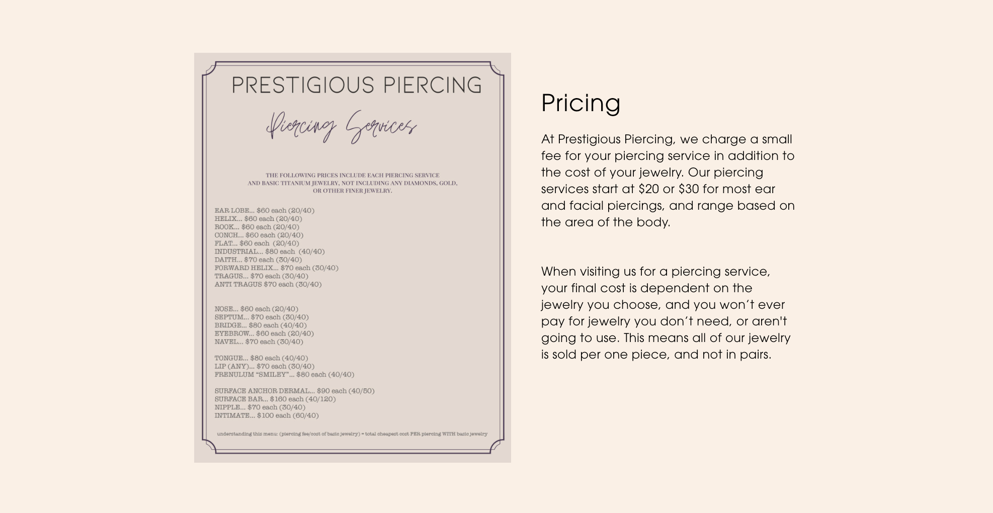 Prestigious Piercing Pricing 2021