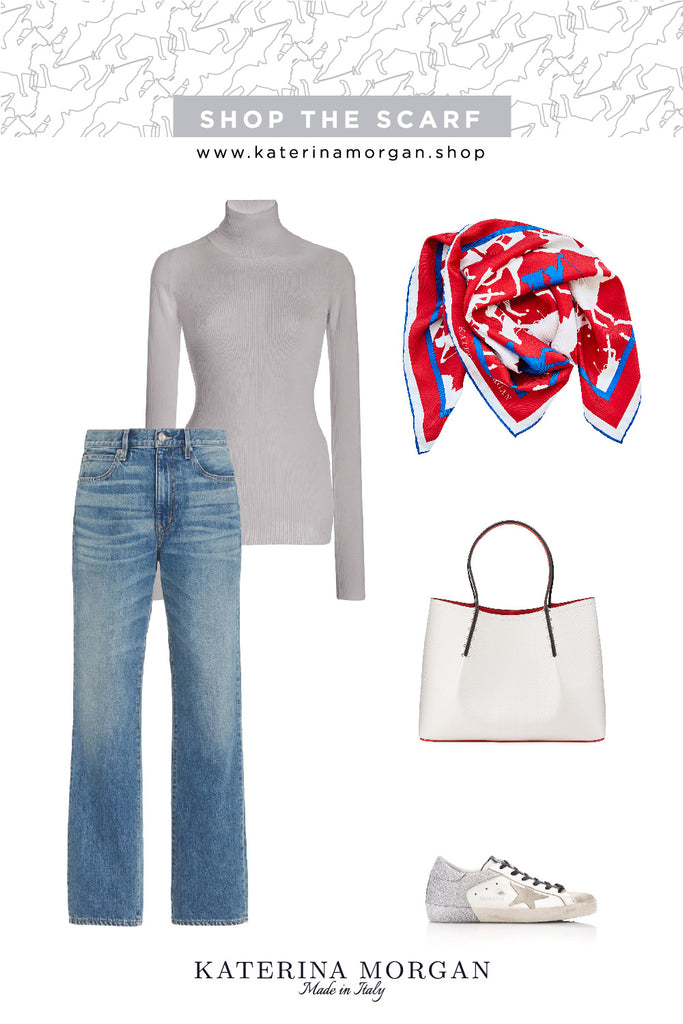 Jeans and silk scarf