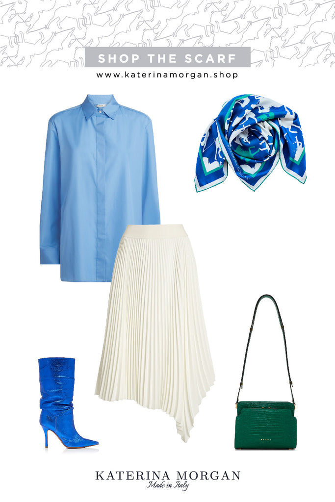 Blue outfit with silk scarf