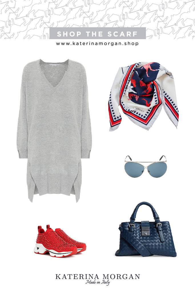 Elegant fun outfit with red and navy silk scarf 