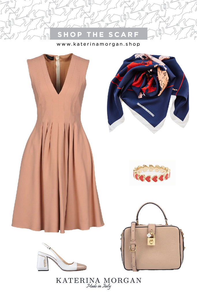 Feminine outfit with navy, nude and red silk scarf