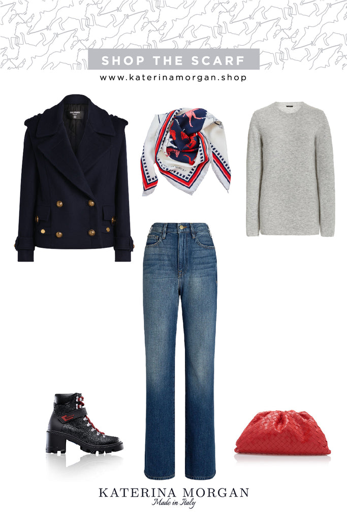 navy and denim winter outfit with polo silk scarf