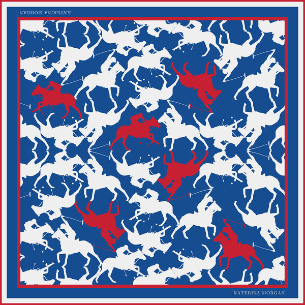 BLUE AND RED HORSE POLO SILK SCARF 