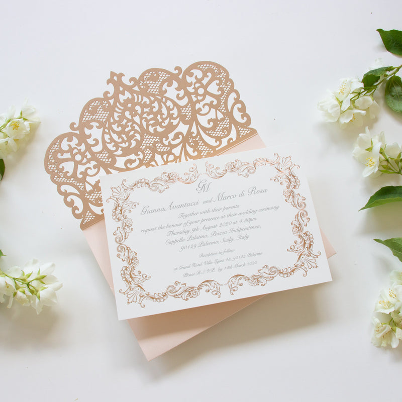 Pfirsich Schimmernde Hochzeitseinladungen Elegante Vergoldung Verzi Wunderholzundpapier