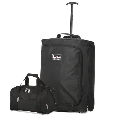 5 Cities (55x40x20cm) Lightweight Cabin Luggage Trolley Bag and (35x20x20cm) Holdall Flight Bag Set - Black