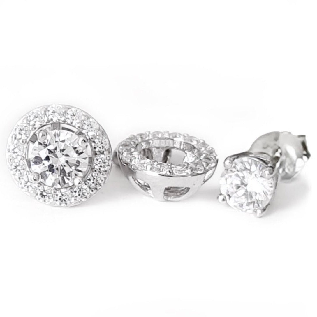 2-In-1 Halo Stud Earrings/18k White Gold & Premium Cubic Zirconia