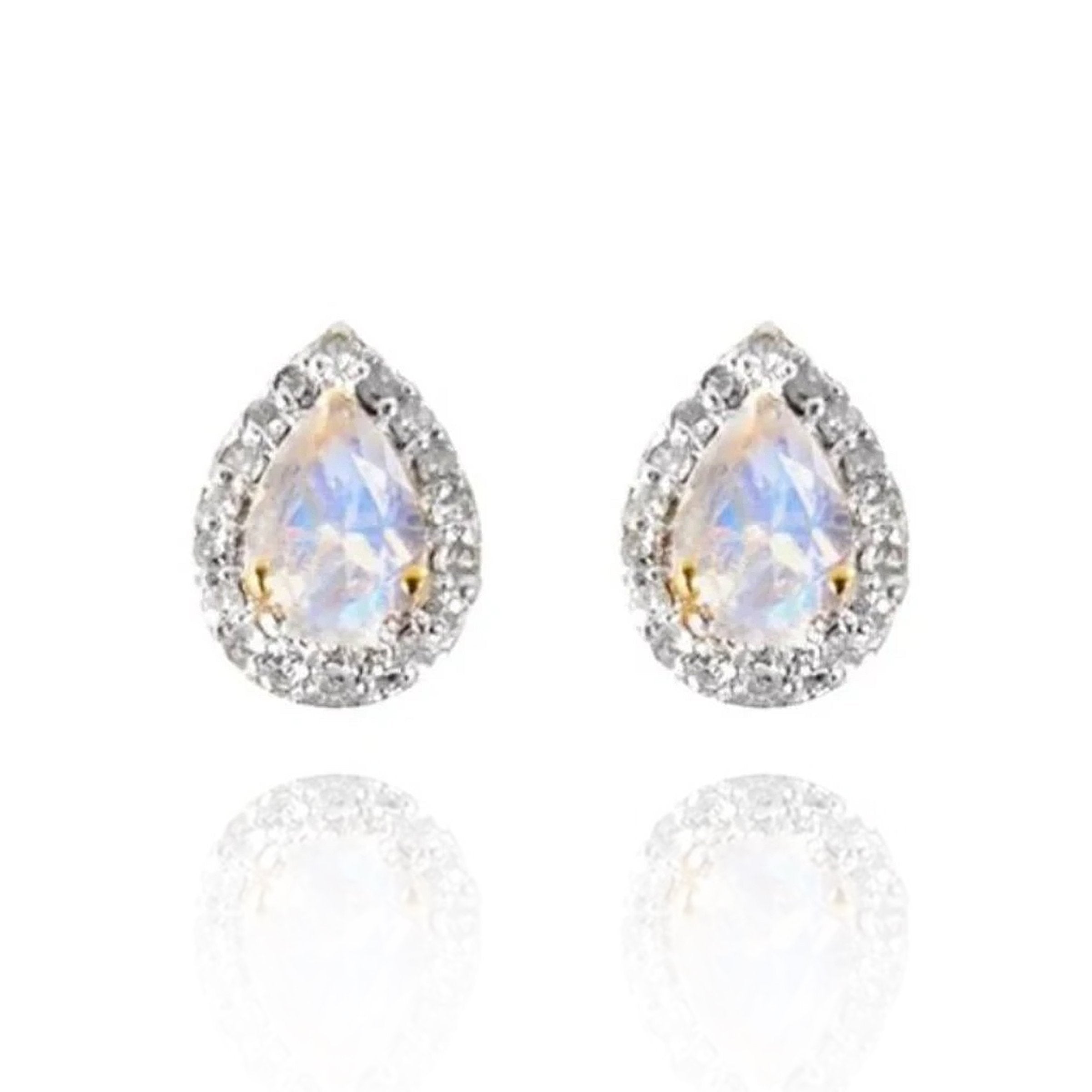 Teardrop Halo Statement Earrings/18k Yellow Gold With Rainbow Moonstone & White Topaz