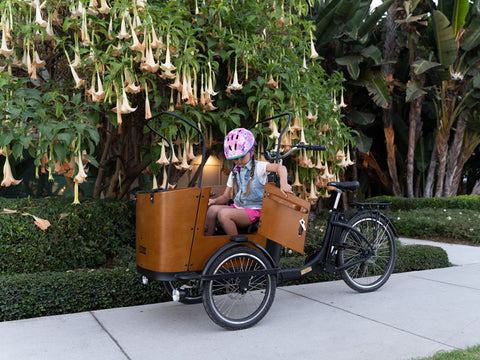 Child getting out of the Ferla Family Cargo Bike Royce Edition