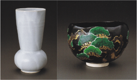 L: Octagonal Mouth Porcelain Vase with Warabai Glaze, R: Black Glazed Hand-Formed Tea Bowl with Old Pine Tree Decoration