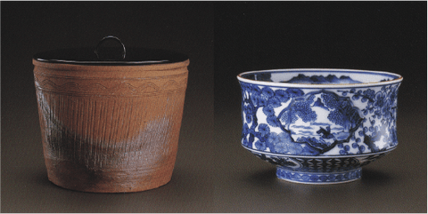 L: Unglazed Fresh Water Container with stylised Noren decoration, R: Three friends of Winter (Shochikubai) Sometsuke Tea Bowl