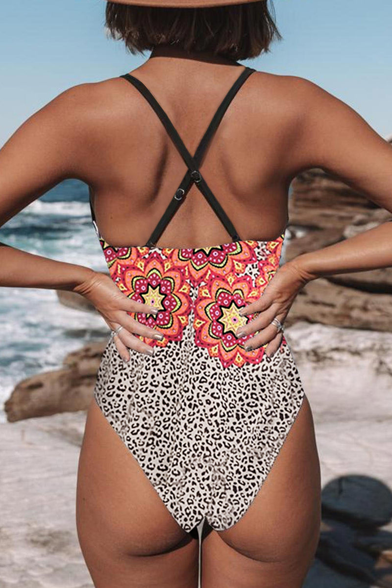 Black Women's Swimsuits Floral Leopard Strappy Criss Cross One-piece Swimsuits LC441646-2