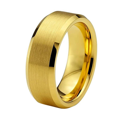 Yellow Gold Tungsten Ring with Brushed Surface and Beveled Edges