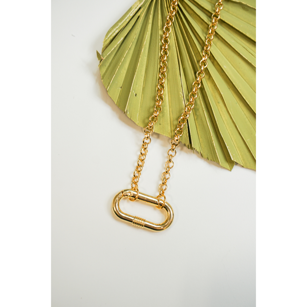 Mini encrusted gold carabiner on dainty gold chain