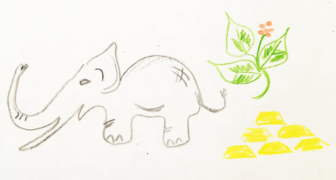 Elephant, plant, gold bars sketch for twenty questions game