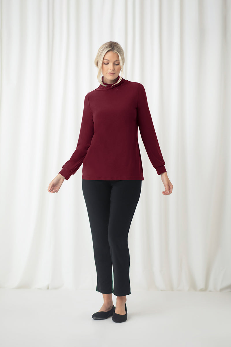 Turtle Neck Gathered Sleeve Top | Pomegranate