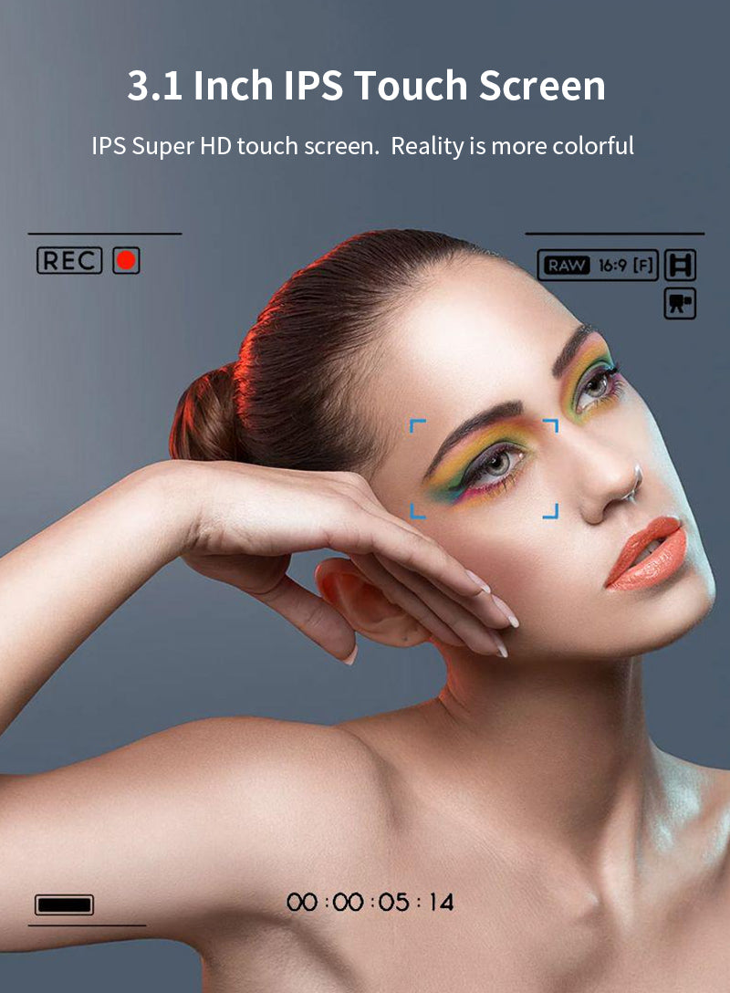 The AC3 video camera Portable Camcorder features a high-resolution touch screen.  The screen can be flipped 270 degrees.