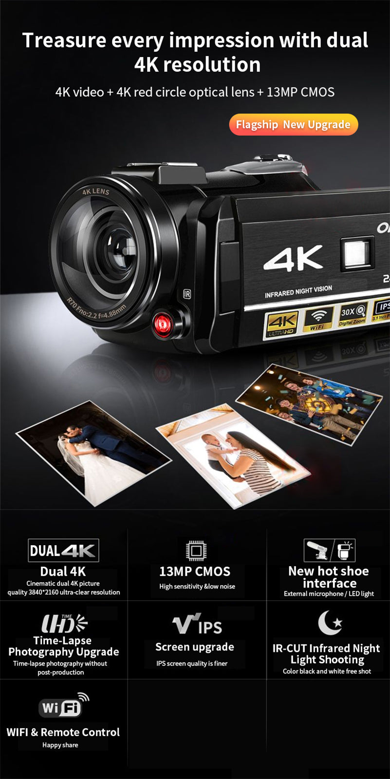ORDRO Videocámara 4K Cámara de vídeo IR visión nocturna Vlogging grabadora  Full HD 1080P 60FPS 3.0 pulgadas IPS pantalla táctil  Vlogging