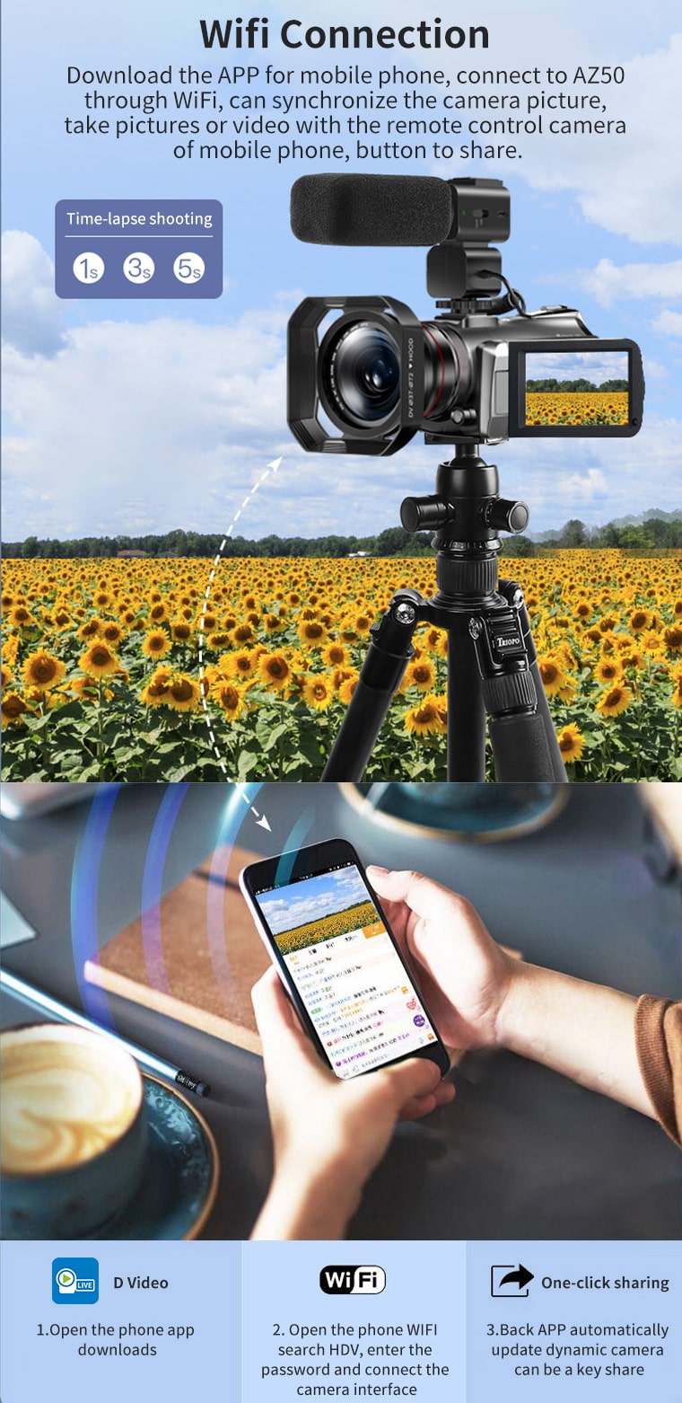 Download the APP named "D video" on your smartphone and connect the camcorder's WIFI for preview and operation on the phone. You can download the videos and pictures on the APP and share them with your friends at any time.