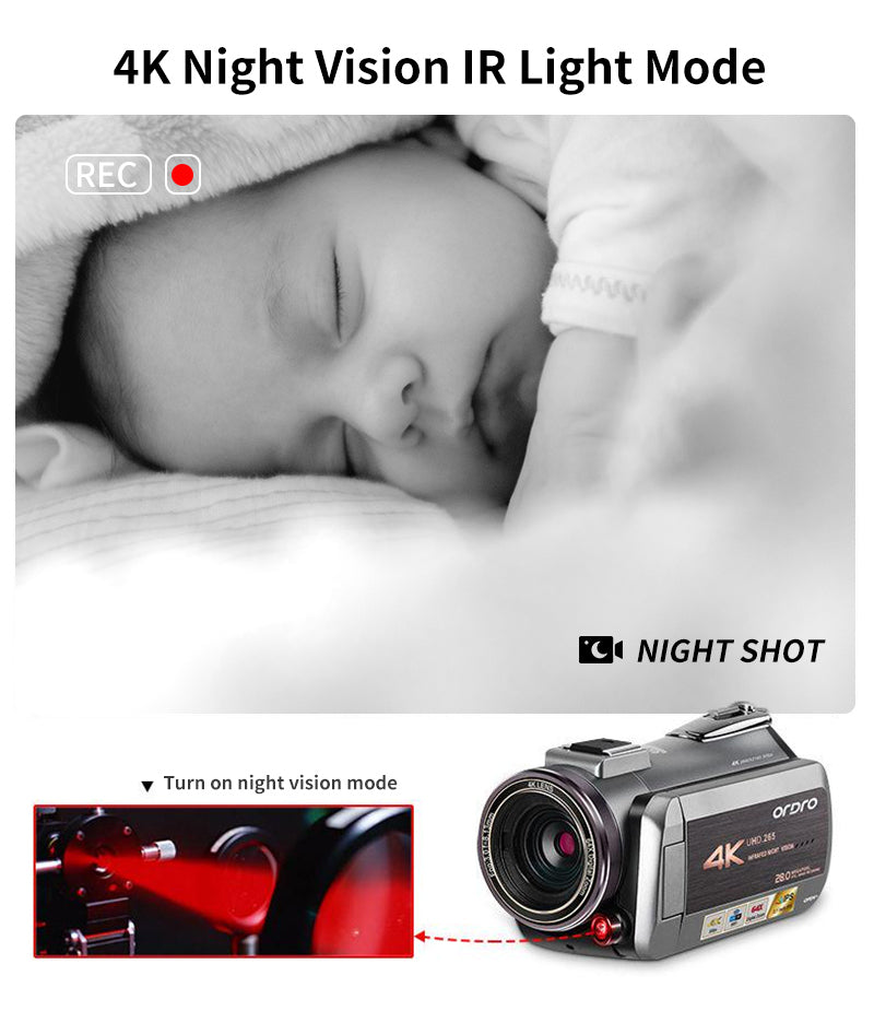 The video camera with infrared night vision function can be in dark-light situations, to quickly capture rich and clear images and video. The camcorder will not affect normal shooting under any circumstances.