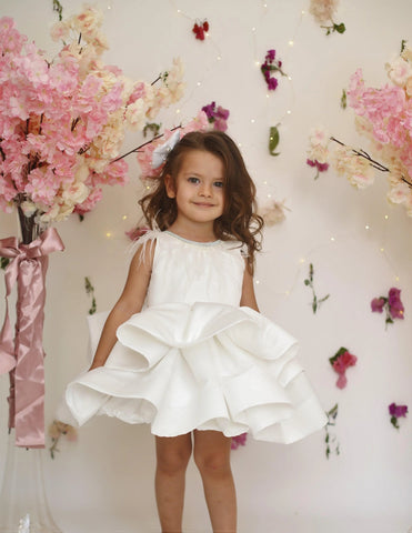 white fluffy 1st birthday dress