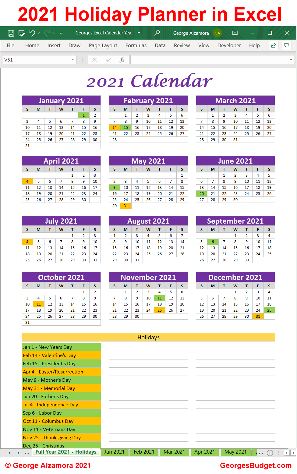 Excel Calendar Year 21 Monthly Year At A Glance Printable Download Georgesbudget Com