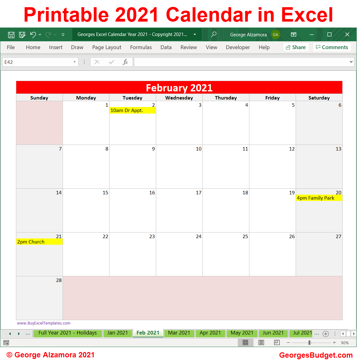 Excel Calendar Year 21 Monthly Year At A Glance Printable Download Georgesbudget Com