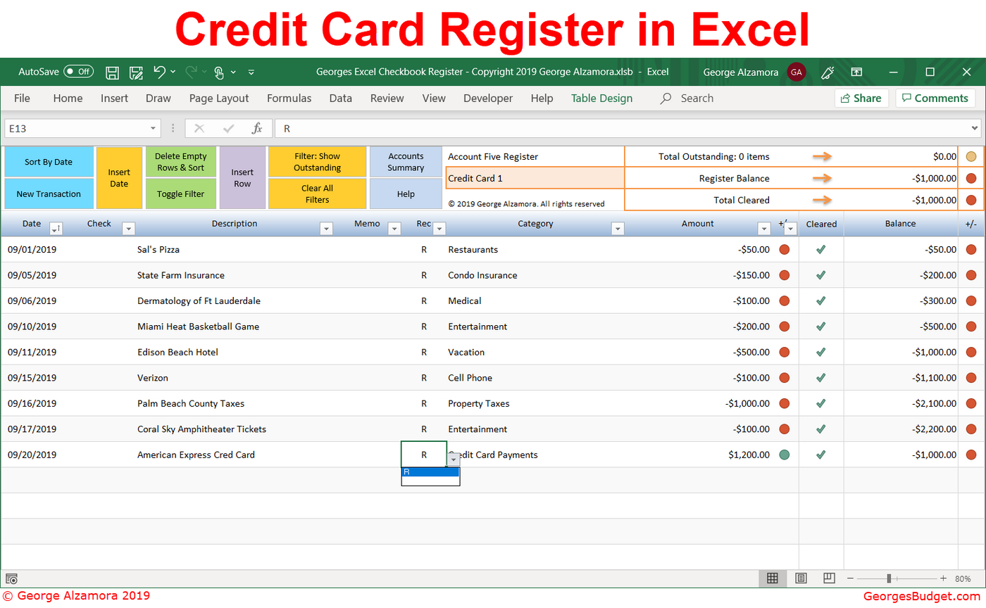 excel checkbook