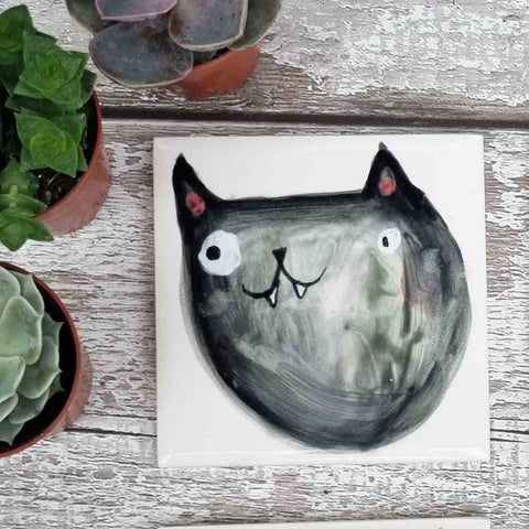 cat tile, made by harriet,