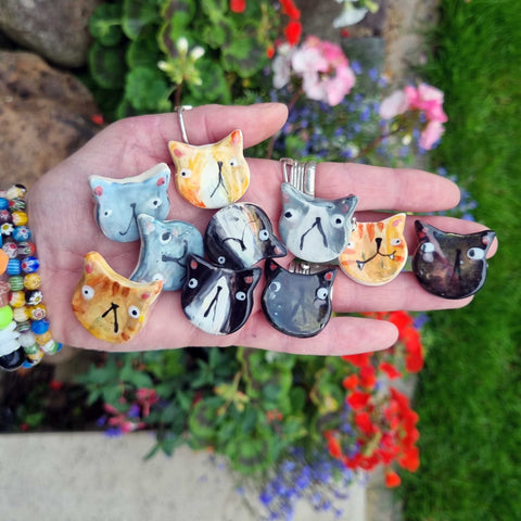 Ceramic cat head, cat brooch, cat gift,