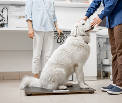 veterinarian weighing white Labrador retriever 