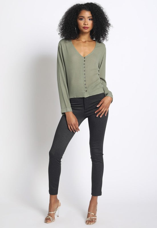 LONG SLEEVE BUTTON UP V NECK TOP - Shop Indie Dream