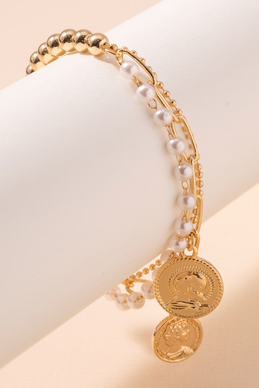 Coin and Pearl Layered Bracelet