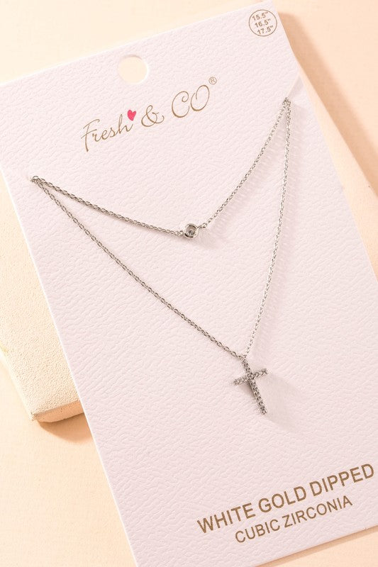 Layered Rhinestone Cross Pendant Necklace