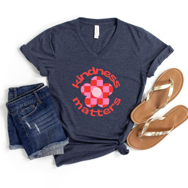 Kindness Matters Checkered Flower V Neck Tee