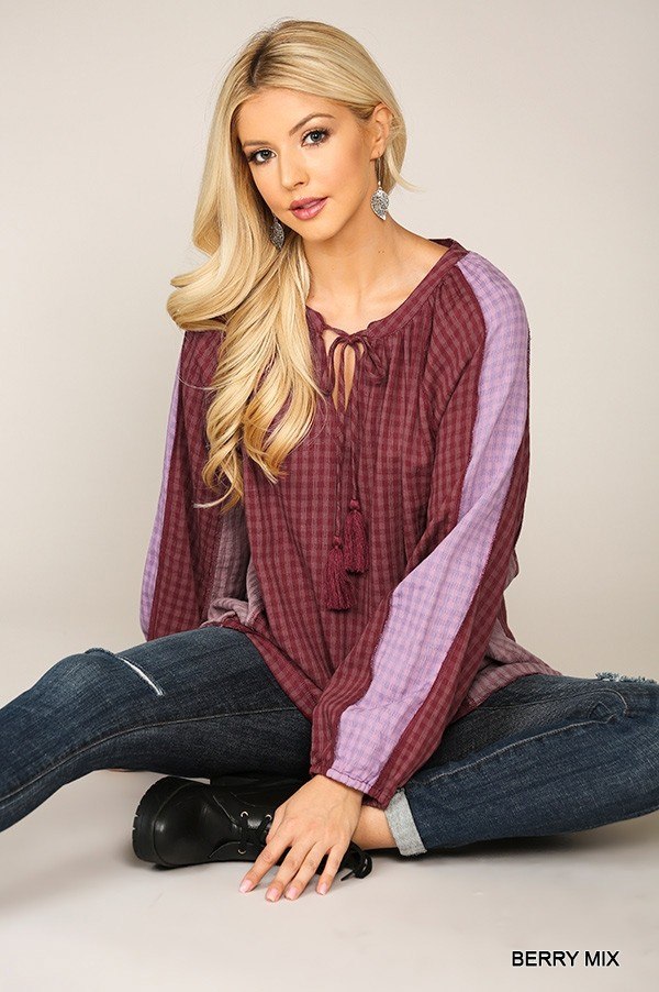 Textured Color Mixed Tassel Tie Peasant Top With Reverse Stitch Detail - Shop Indie Dream