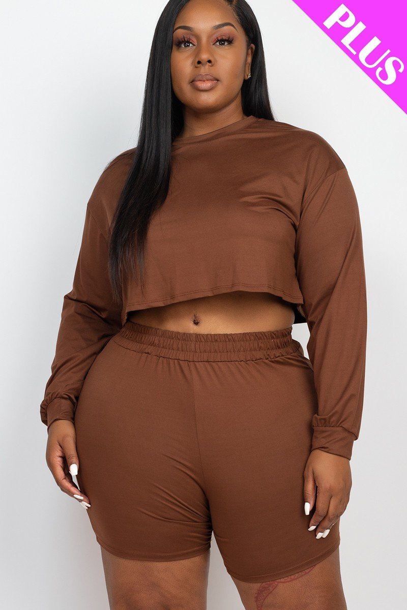 Plus Size Coffee Cozy Crop Top And Shorts Set