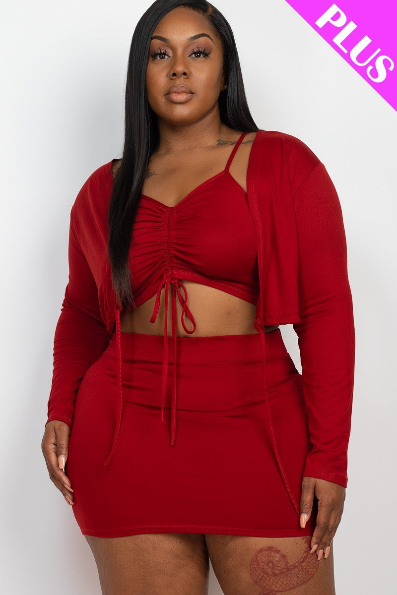 Plus Size Ruched Drawstring Cami Top & Skirt Set With Cardigan - Shop Indie Dream