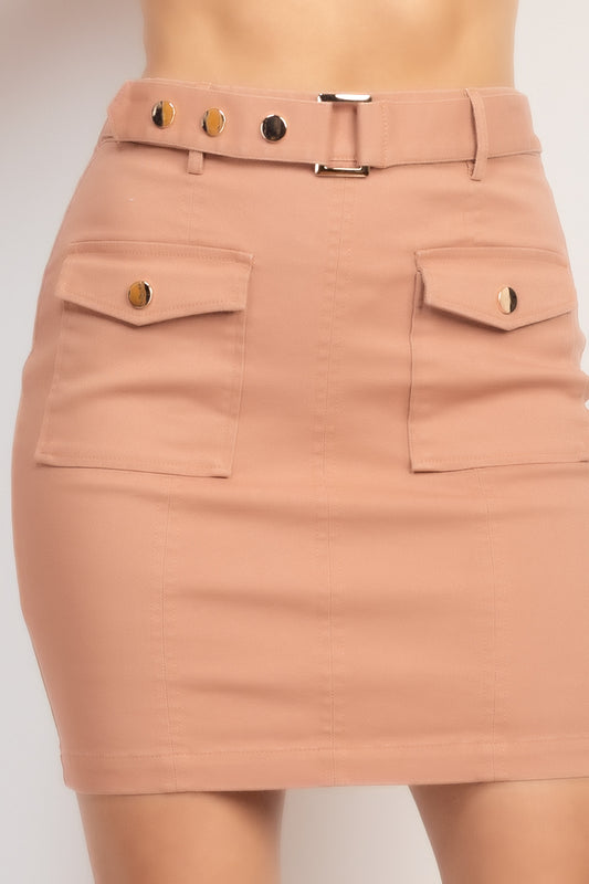 Belted Pocket Solid Cargo Mini Skirt