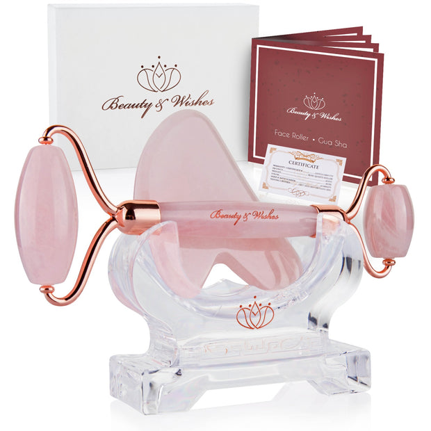 Rose Quartz Jade Roller And Gua Sha Luxury Set With Countertop