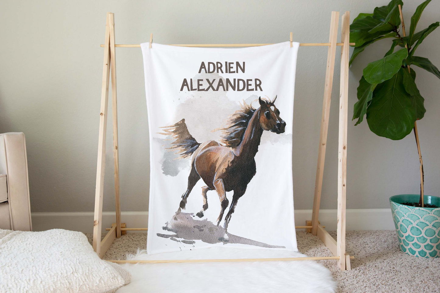 Horse personalized Minky Blanket, Equestrian Nursery Bedding - Wild Spirit