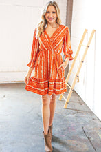 Load image into Gallery viewer, Persimmon Stripe Floral Surplice Fit &amp; Flare Ruffle Dress