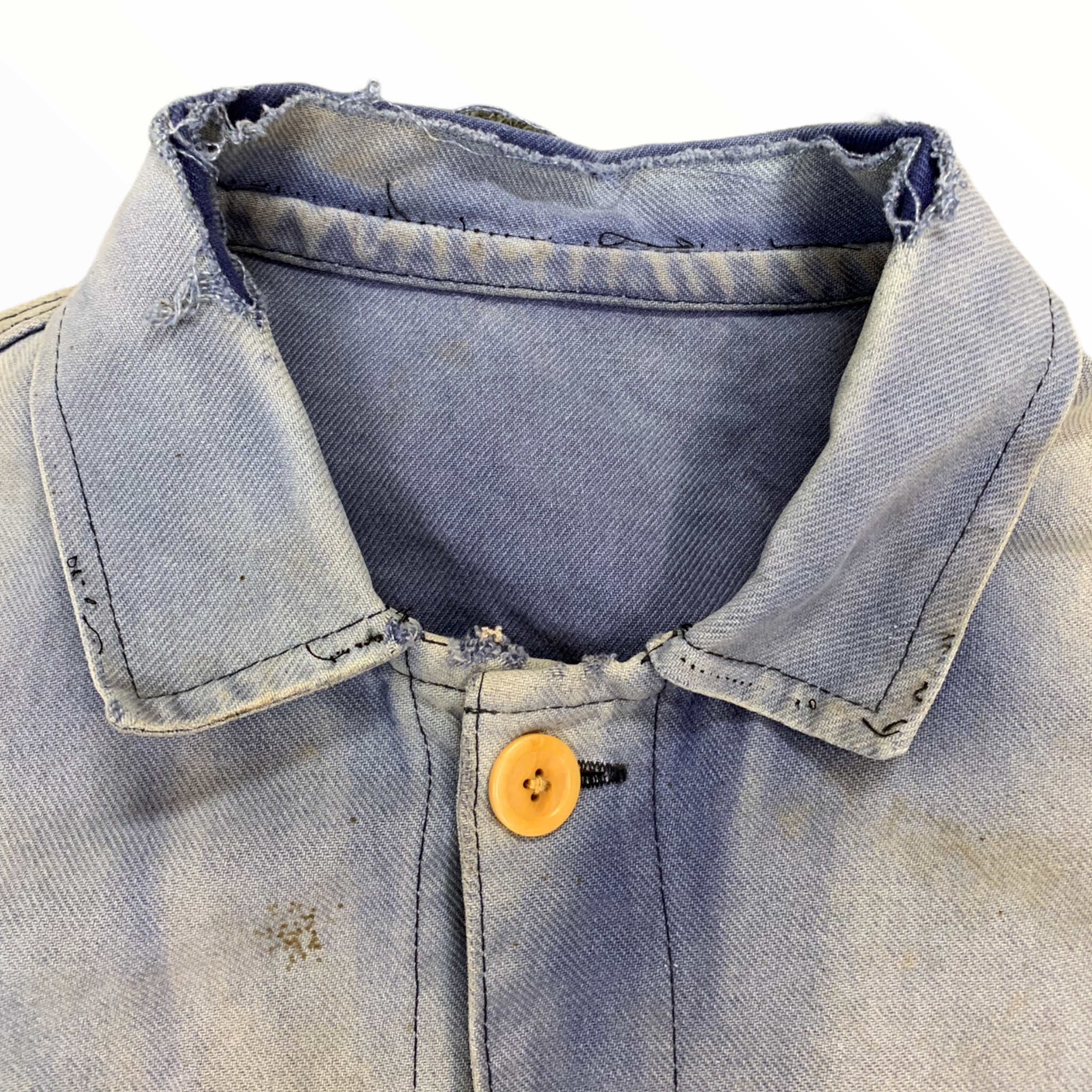 Sun Bleached French Moleskin Work Jacket with Mismatched Buttons - Dirty  Wash Blue - S/M