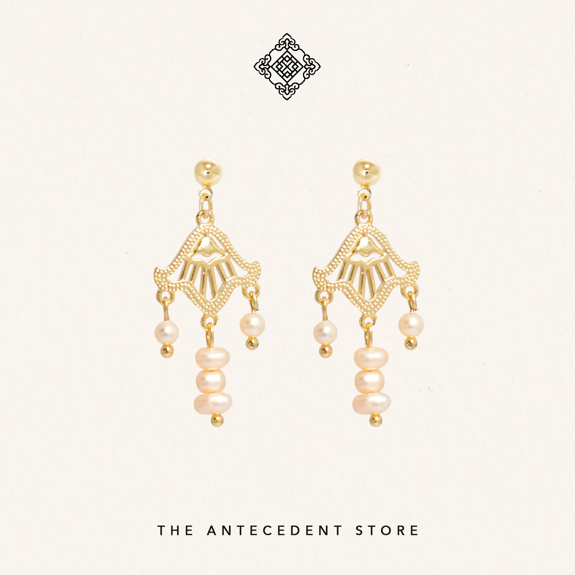 Oriental Motif Earrings With Freshwater Pearls - 14K Real Gold Plated Jewelry